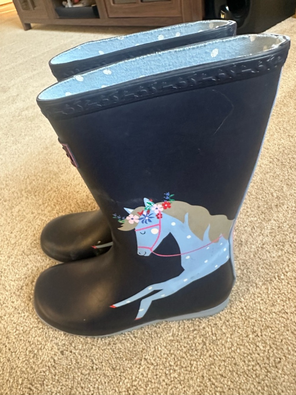 Joules Navy Unicorn Rain Boots with Polka Dot Lining - Picture 2 of 7